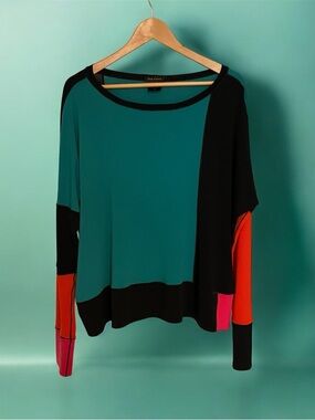 Eva Varro Teal and Black Colorblock Long Sleeve Top sz L
